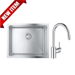 حوض مطبخ 55 ×45 سم ستانليس ستيل مع خلاط مطبخ كونشيتو شداد كروم جروهى