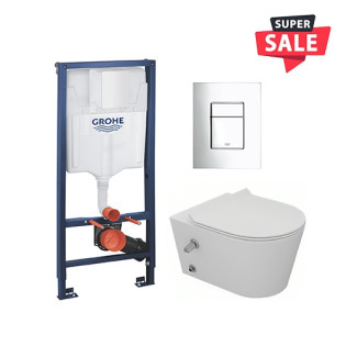 Sanipure Wall-Mounted Toilet Seat & Grohe Chassis Concealed Tank & Flush Plate Chrome