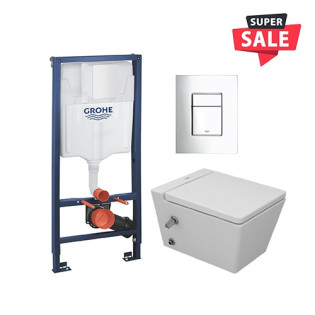 Sanipure Kepler Wall-Mounted Toilet Seat & Grohe Chassis Concealed Tank with Flush Plate Chrome