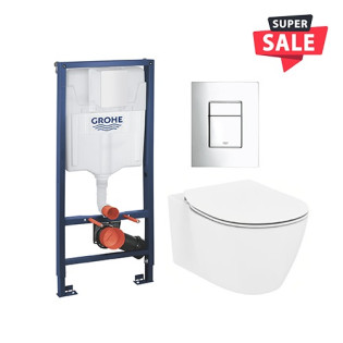 Ideal standard Connect Wall-Mounted Toilet Seat & Grohe Concealed Tank with Flush Plate Chrome