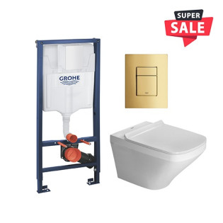 مرحاض ديورافيت معلق أبيض وخزان دفن شاسية كامل ولوحة طرد جروهي ذهبي