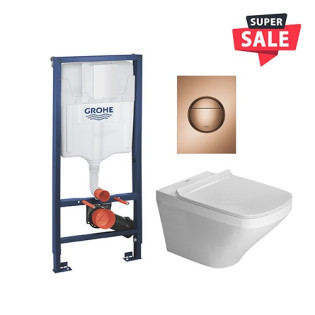 مرحاض معلق ديورافيت ابيض و خزان دفن جروهي بشاسية كامل و لوحة طرد روز جولد 