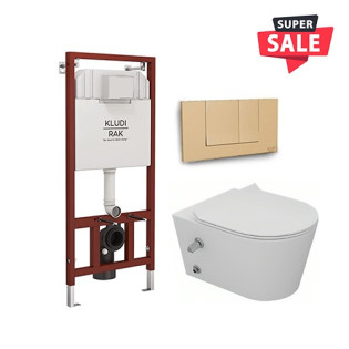 مرحاض سانيبيور معلق أبيض وخزان دفن شاسية كامل ولوحة طرد كلودي راك روز جولد