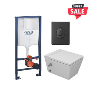 Sanipure Kepler Wall-Mounted Toilet Seat & Grohe Concealed Tank with Flush Plate Black