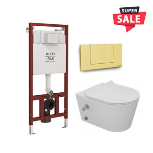 Sanipure Titan Toilet White & Kludi Rak Full Frame Concealed Tank with Square Flush Plate Gold