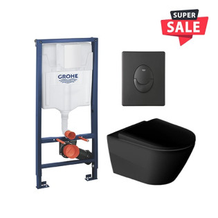 Duravit D-Neo Wall-Mounted Toilet Seat & Grohe Concealed Tank with Flush Plate Black