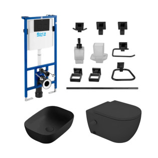 مرحاض معلق سانيبيور مع سيديلى أسود، حوض سانبيور أسود، خزان دفن روكا بشاسية كامل ولوحة طرد أسود وطقم اكسسوارات حمام انفينتي اسود