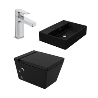 مرحاض معلق سانيبيور مع سيديلي أسود، حوض سانيبيور أسود و خلاط حوض إيديال ستاندرد كروم 