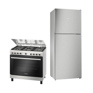Bosch Freestanding Gas Cooker with 5 Gas Burner & Refrigerator 328 Liters Stainless Steel 