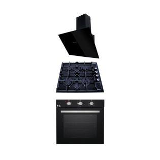 شفاط مطبخ ومسطح غاز 4 شعلة و فرن 65 لتر 60 سم اسود من بيورتى