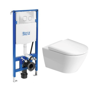 مرحاض معلق دي نيو ديورافيت مع خزان دفن بشاسية كامل ولوحة طرد مربعة كروم روكا