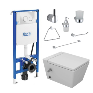 Sanipure Kepler Wall-Mounted Toilet with Roca flush tank and Infinity Bathroom Accessories Set