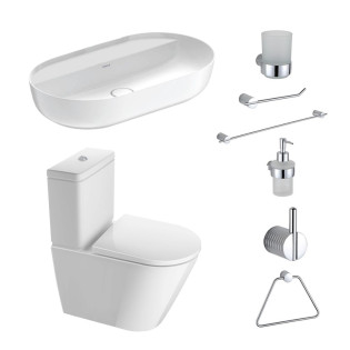 مرحاض كامل دى نيو و حوض فوق سطح أفقى لوف أبيض من ديورافيت مع طقم اكسسوارات حمام انفينتي كروم