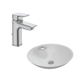 حوض فوق سطح دائري سانيبيور امبروس أبيض مع خلاط حوض إيديال ستاندرد تيسي كروم 