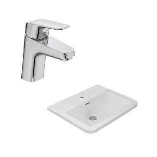 حوض فوق سطح مستطيل سانيبيور اوبيرون أبيض و خلاط حوض إيديال ستاندرد سيرافليكس كروم